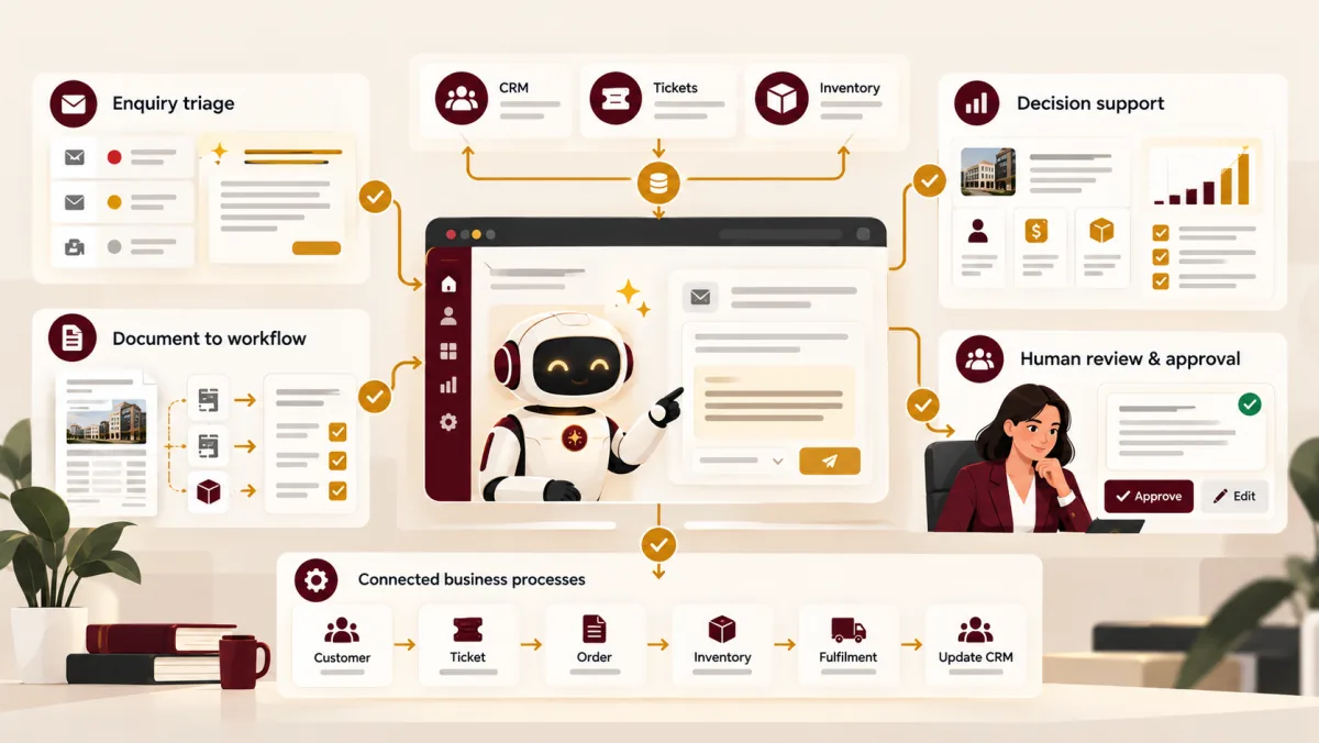 Illustration connecting enquiry triage, document processing, CRM, tickets and inventory with human review and approval