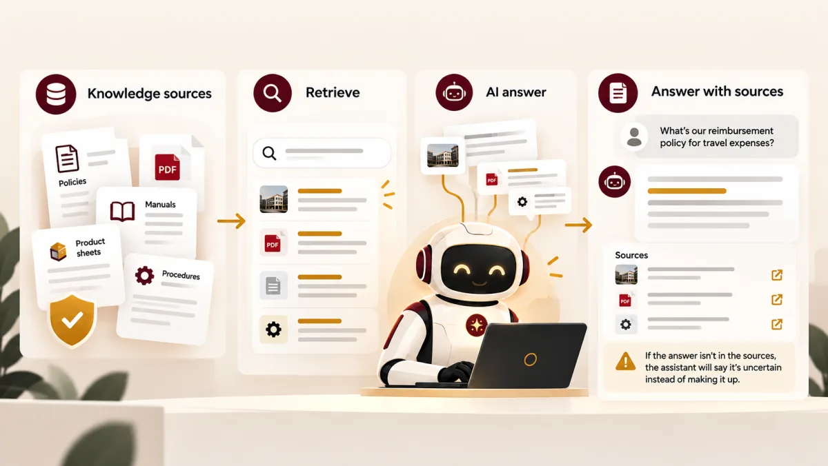 Illustrated RAG flow from approved knowledge sources through retrieval to an AI answer with source references